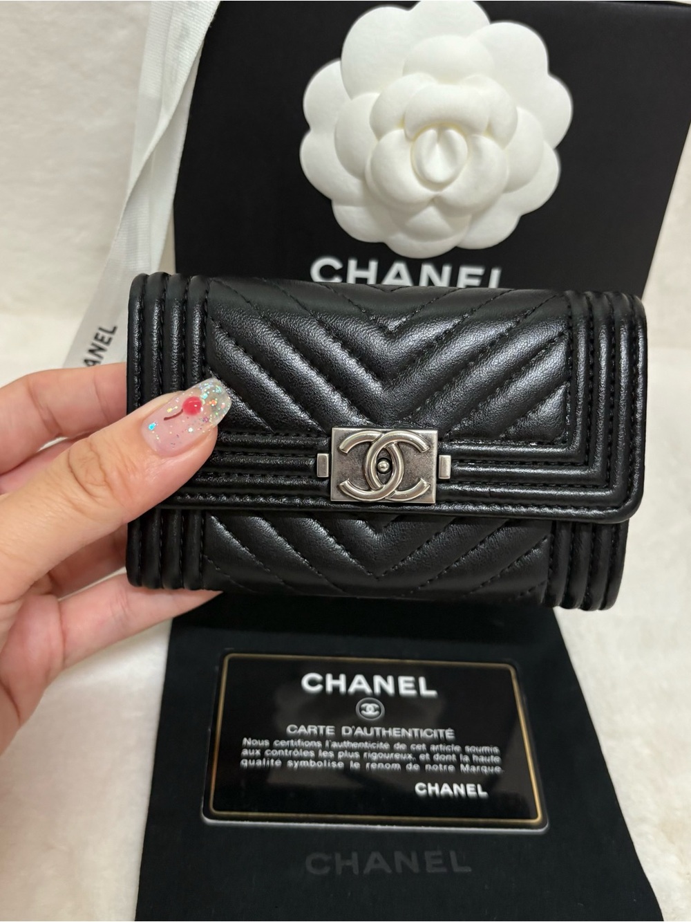 CHANEL Black Quilted Chevron Leather Compact Wallet with Silver CC